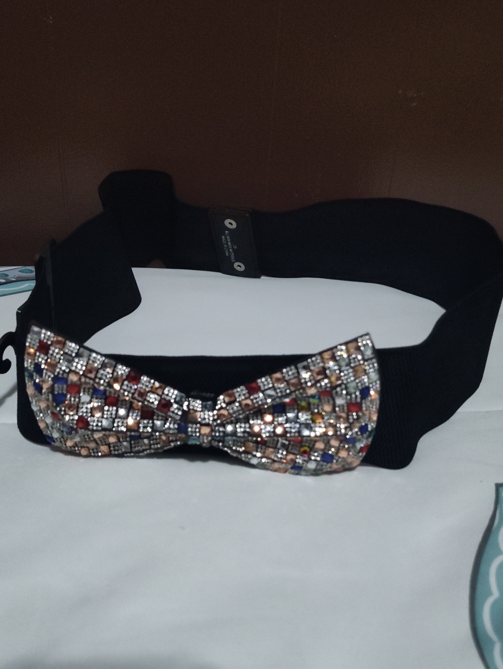Embellished Bow Stretch Belt - Black with Multicolor Crystals